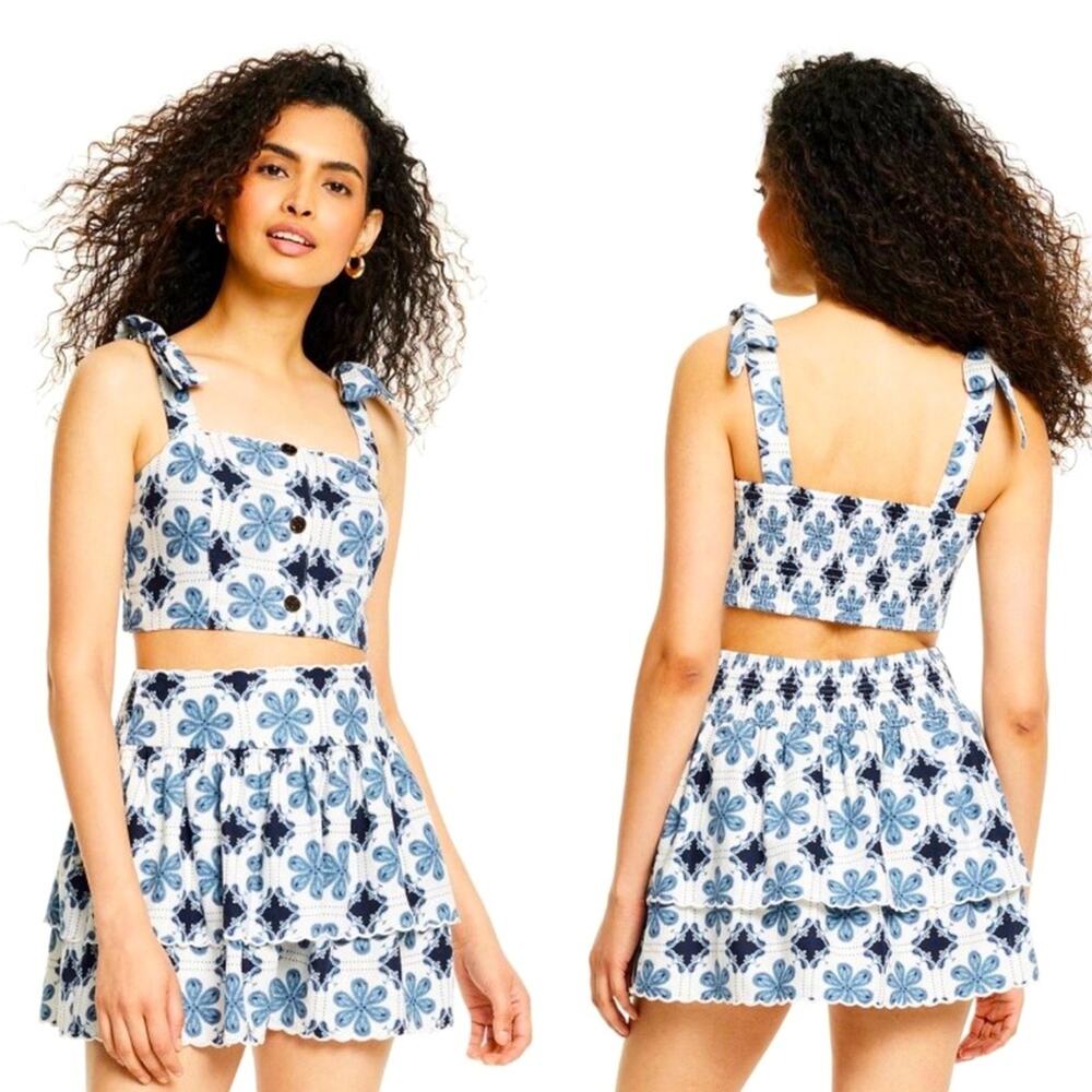 Agua Bendita x Target Coral Tile Cropped ButtonTank Top Cream/Blue NWT Small